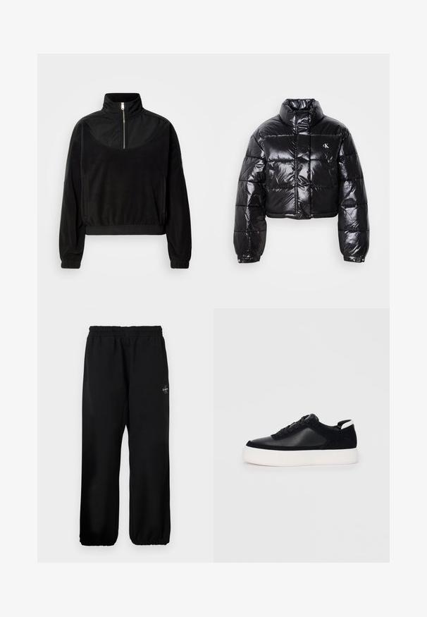Skraćena crna jakna od puf materijala sa sjajnom završnom obradom, visokim ovratnikom, prednjim patentnim zatvaračem i detaljem s logotipom. Ima ogroman rukav i kviltane dijelove.; Crni pulover s polu-oprugačem i visokim ovratnikom, dugim rukavima, elastičnim manžetama i bočnim džepovima, prikazan na jednostavnoj bijeloj pozadini.; Crne trenirke s elastičnim pojasom, širokim nogavicama i malim logotipom na lijevoj strani. Glatka tekstura tkanine.; Crne tenisice s glatkom kožom i panelima od antilopa, ravne vezice, zaobljenim vrhom i bijelim gumeni potplat. Izraziti logo na peti.