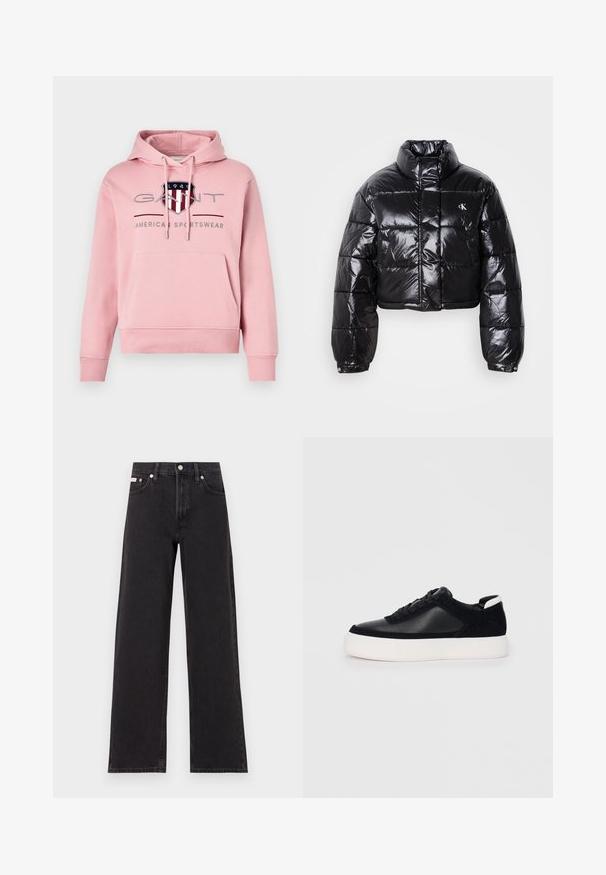 Trumpas juodas pūkinis paltas su blizgiu paviršiumi, aukšta apykakle, priekiniais užtrauktukais ir logotipo detalėmis. Yra plačios rankovės ir siuvinėtos dalys.; GANT ARCHIVE SHIELD HOODIE - Sportinis megztinis - geranium pink; Juodos plačios kojų džinsai, pagaminti iš džinsinio audinio, su aukštu liemeniu, penkių kišenių stiliumi ir metaline sagte su kontrastingo siuvimo detalėmis.; Juodi sportbačiai su lygiu oda ir zomšinėmis detalėmis, plokščiomis raišteliais, apvaliu walko ir balta guma iš baze. Išskirtinė logotipas ant kulno.