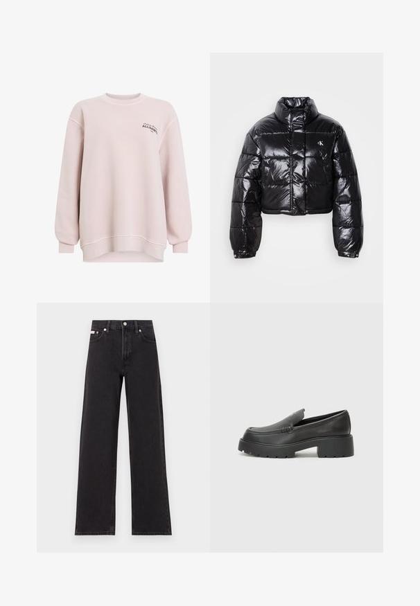 Casaco puffer preto cropped com acabamento brilhante, gola alta, fecho éclair à frente e detalhe de logótipos. Apresenta mangas oversized e secções acolchoadas.; Sweatshirt rosa claro feito de tecido macio. Apresenta um decote redondo, mangas longas e detalhes de logotipo no lado esquerdo do peito. Ajuste descontraído.; Jeans de perna larga pretos feitos de denim, apresentando uma cintura alta, estilo de cinco bolsos e um fecho em botão de metal com costura contrastante.; Mocassins de couro preto com bico arredondado, sola espessa e texturizada, e detalhes de costura minimalistas. Design elegante sem atacadores ou ferragens visíveis.