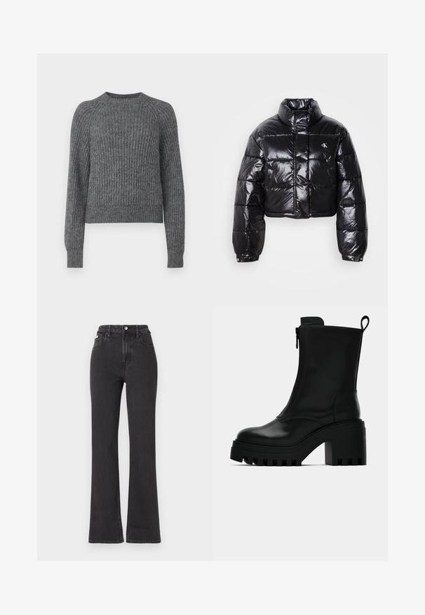Gekürzte schwarze Steppjacke mit glänzender Oberfläche, hohem Kragen, Frontreißverschluss und Logodetail. Verfügt über übergroße Ärmel und gesteppte Abschnitte.; Grauer gerippter Pullover mit Rundhalsausschnitt und langen Ärmeln. Die Textur ist weich und die Passform ist lässig mit einem leicht verkürzten Design.; Schwarze, hochgeschnittene Schlagjeans aus Denim mit Knopfverschluss, Gürtelschlaufen und seitlichen Taschen. Glatte Textur mit minimaler Ausbleichung.; Schwarze Lederstiefelette mit derben Profilsohle, Blockabsatz, seitlichem Reißverschluss und Zugschlaufe auf der Rückseite vor weißem Hintergrund.