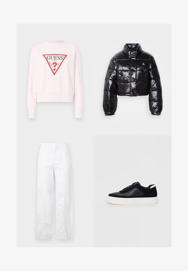 Skraćena crna jakna od puf materijala sa sjajnom završnom obradom, visokim ovratnikom, prednjim patentnim zatvaračem i detaljem s logotipom. Ima ogroman rukav i kviltane dijelove.; Ružičasti dukserica s crew-neck izrezom i skraćenim dizajnom, sa crveno-crnim trokutastim brend logotipom na prednjem dijelu. Mekani materijal s dugim rukavima.; Bijele široke hlače od laganog materijala, s glatkom teksturom, čistim linijama i visokim strukom.; Crne tenisice s glatkom kožom i panelima od antilopa, ravne vezice, zaobljenim vrhom i bijelim gumeni potplat. Izraziti logo na peti.