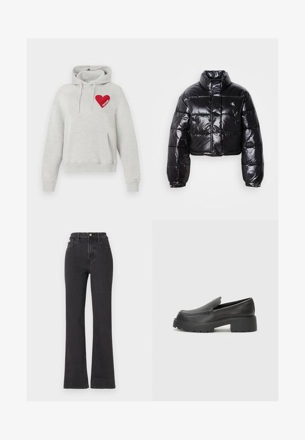 Kuttet svart dunjakke med glatt finish, høy krage, frontlås og logo-detalj. Den har overdimensjonerte ermer og quiltede seksjoner.; Lysegrå hettegenser med lomme foran, snøring og rødt hjertegrafikk på brystet med ordet "FREMTEID" inni.; Svarte høyt midje, utsvingte jeans laget av denim, med knappelukking, beltehemper og sidelommer. Glatt tekstur med minimal falming.; Sorte skinnloafers med rund tå, tykk teksturert såle og minimale sømdetaljer. Strømlinjeformet design uten synlige snørebånd eller hardvarer.