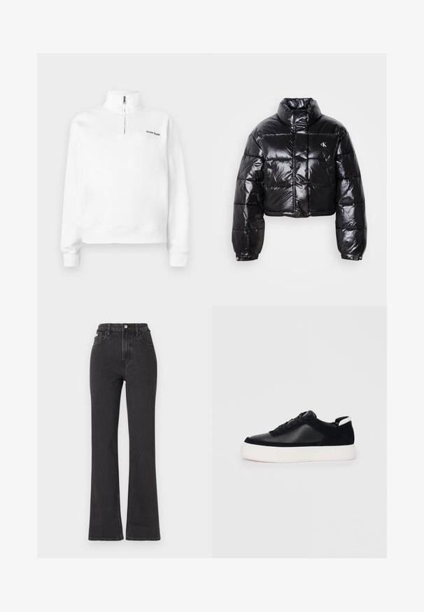 Giacca a vento nera cropped con finitura lucida, colletto alto, zip frontale e dettaglio con logo. Presenta maniche oversized e sezioni trapuntate.; Felpa bianca con colletto alto e chiusura a mezza zip. Presenta un piccolo logo nero sul petto e polsini a coste. Texture liscia.; Jeans neri a vita alta e a zampa d'elefante in denim, con chiusura a bottoni, passanti per cintura e tasche laterali. Texture liscia con minimal fading.; Sneaker nera con pannelli in pelle liscia e suede, lacci piatti, punta arrotondata e suola in gomma bianca. Logo distintivo sul tallone.