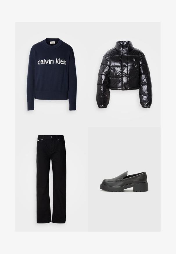 Casaco puffer preto cropped com acabamento brilhante, gola alta, fecho éclair à frente e detalhe de logótipos. Apresenta mangas oversized e secções acolchoadas.; Pullover azul marinho com um logótipo branco "calvin klein" no peito, punhos e barra canelados, confeccionado em um material de malha suave.; Calças de ganga pretas de perna reta com cinco bolsos, rebites prateados e fecho de botão. O tecido tem um acabamento suave e ligeiramente texturizado.; Mocassins de couro preto com bico arredondado, sola espessa e texturizada, e detalhes de costura minimalistas. Design elegante sem atacadores ou ferragens visíveis.