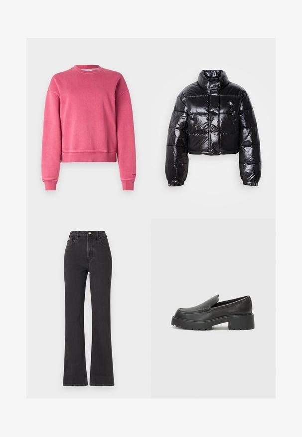 Lühendatud must puffer-jakk läikiva viimistlusega, kõrge krae, eeslukuga ja logodetailiga. Omab üleöö suuruseid varrukaid ja tikitud sektsioone.; Samsøe Samsøe SAVA - Pusa - rose wine; Mustad kõrge vöökohaga laienevad teksapüksid, mis on valmistatud denimist, varustatud nööbiga kinnitamise, vöörihmade ja küljetaskutega. Sile tekstuur minimaalse pleekimisega.; Mustad nahast loafers ümarate varvastega, paksu tekstuuriga tald ja minimaalsete õmbluse detailidega. Viimistletud disain, kus pole nähtavaid paelu ega riistu.