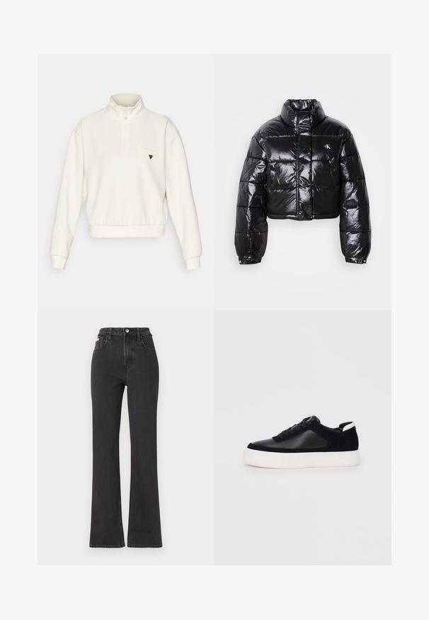 Veste doudoune noire coupée avec finition brillante, col haut, fermeture éclair à l'avant et détail de logo. Présente des manches surdimensionnées et des sections matelassées.; Sweat-shirt crème avec un demi-zip, des poignets et un ourlet côtelés. Présente un petit logo sur la poche gauche de la poitrine.; Jean noir taille haute évasé en denim, avec fermeture à bouton, passants de ceinture et poches latérales. Texture lisse avec un minimum de décoloration.; Sneaker noir avec des panneaux en cuir lisse et en daim, lacets plats, bout rond et semelle en caoutchouc blanche. Logo distinct au niveau du talon.