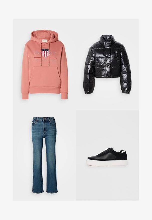 Veste doudoune noire coupée avec finition brillante, col haut, fermeture éclair à l'avant et détail de logo. Présente des manches surdimensionnées et des sections matelassées.; Haut à capuche rose avec une poche kangourou, capuchon à cordon de serrage et logo brodé représentant un bouclier avec des rayures rouges et blanches. Tissu doux.; Jean bleu taille haute en denim, avec une coupe droite, un léger délavé et une fermeture standard par bouton et zip.; Sneaker noir avec des panneaux en cuir lisse et en daim, lacets plats, bout rond et semelle en caoutchouc blanche. Logo distinct au niveau du talon.