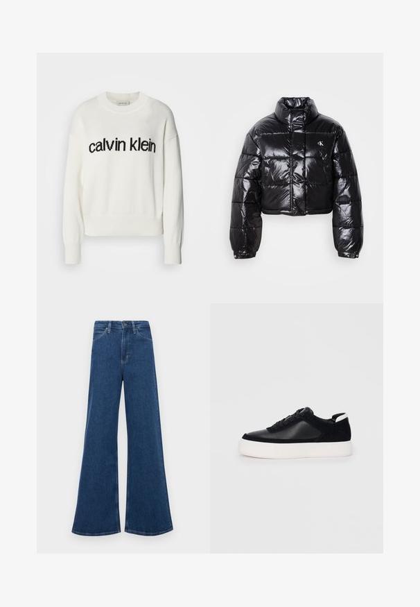 Lühendatud must puffer-jakk läikiva viimistlusega, kõrge krae, eeslukuga ja logodetailiga. Omab üleöö suuruseid varrukaid ja tikitud sektsioone.; Valge kudum, millel on ümmargune kaelus ja pikad varrukad, ees must "calvin klein" logo. Pehme tekstuur, lühike lõige.; Sinine denimist laienevad teksad kõrge vöökoha ja viie taskuga, nupuvajutusega kinnituse ning kontrastsete õmblustega õmblustel.; Mustad mustad spordijalanõud siledast nahast ja sametist paneelidega, lame nööriga, ümar varvas ja valge kummist tallaga. Erakordne logo kontsas.