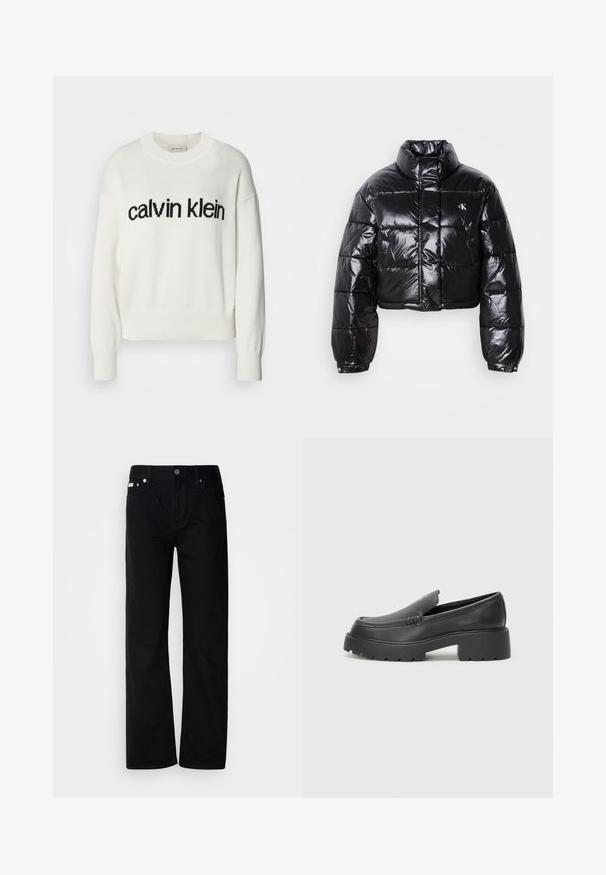 Geknipt zwart pufferjack met glanzende afwerking, hoge kraag, ritssluiting aan de voorkant en logodetail. Beschikt over oversized mouwen en gestikte delen.; Witte gebreide trui met ronde hals en lange mouwen, voorzien van een zwart "calvin klein" logo over de borst. Zachte textuur, cropped snit.; Zwarte denim rechte broek met vijf zakken, zilveren klinknagels en een knoopsluiting. De stof heeft een gladde, licht gestructureerde afwerking.; Zwarte leren instappers met een ronde neus, dikke getextureerde zool en minimale stikseldetails. Strak ontwerp zonder zichtbare veters of hardware.