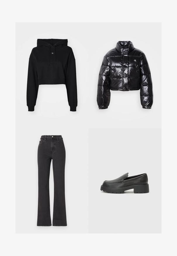 Casaco puffer preto cropped com acabamento brilhante, gola alta, fecho éclair à frente e detalhe de logótipos. Apresenta mangas oversized e secções acolchoadas.; Hoodie preto cropped com mangas longas, capuz com cordão, material de algodão suave e um logótipo subtil no centro. Punhos canelados clássicos.; Jeans flared pretos de cintura alta feitos de denim, com fecho de botão, passadores para cinto e bolsos laterais. Textura suave com desbotamento mínimo.; Mocassins de couro preto com bico arredondado, sola espessa e texturizada, e detalhes de costura minimalistas. Design elegante sem atacadores ou ferragens visíveis.