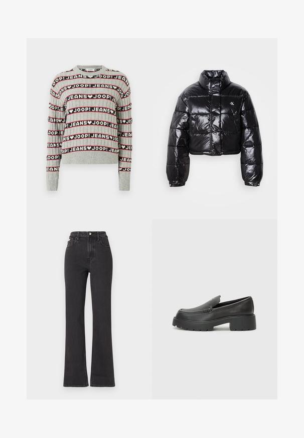 Cropped black puffer jacket with glossy finish, high collar, front zipper, and logo detail. Features oversized sleeves and quilted sections.; Gray knitted sweater featuring a pattern of alternating "JOOP! JEANS" text in black and red stripes, with a ribbed crew neckline and cuffs.; Black high-waisted flared jeans made of denim, featuring a button closure, belt loops, and side pockets. Smooth texture with minimal fading.; Black leather loafers with a rounded toe, thick textured sole, and minimal stitching details. Sleek design with no visible laces or hardware.