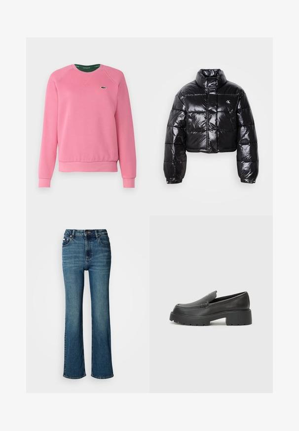 Fekete, fényes felületű, vágott pufi dzseki, magas gallérral, elülső cipzárral és logó részlettel. Tágas ujjakkal és steppelt részekkel rendelkezik.; Lacoste Melegítőfelső - reseda pink; Magas derekú kék farmernadrág, egyenes szárú dizájnnal, enyhe kopással és normál gombos-zipzáros záródással.; Fekete bőr loafer cipők kerek orral, vastag, texturált talppal és minimális varrási részletekkel. Áramvonalas dizájn, látható fűzők vagy fém részek nélkül.