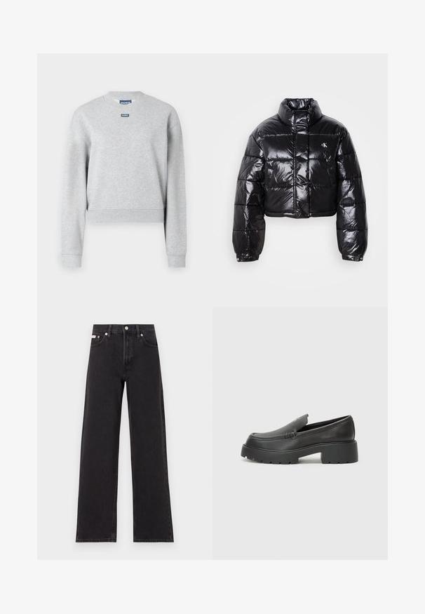 Giacca a vento nera cropped con finitura lucida, colletto alto, zip frontale e dettaglio con logo. Presenta maniche oversized e sezioni trapuntate.; Felpa grigia con scollo rotondo, maniche lunghe e polsini a coste. Presenta un piccolo etichetta blu logo nella parte anteriore superiore. Texture morbida.; Jeans neri a gamba larga in denim, con vita alta, styling a cinque tasche e chiusura con bottone metallico e cuciture a contrasto.; Mocassini in pelle nera con punta arrotondata, suola spessa e testurizzata, e minime cuciture. Design elegante senza lacci o parti metalliche visibili.
