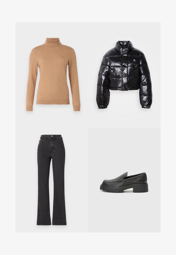 Casaco puffer preto cropped com acabamento brilhante, gola alta, fecho éclair à frente e detalhe de logótipos. Apresenta mangas oversized e secções acolchoadas.; Suéter bege de gola alta com mangas longas e pequeno logótipo bordado no peito esquerdo em fundo simples.; Jeans flared pretos de cintura alta feitos de denim, com fecho de botão, passadores para cinto e bolsos laterais. Textura suave com desbotamento mínimo.; Mocassins de couro preto com bico arredondado, sola espessa e texturizada, e detalhes de costura minimalistas. Design elegante sem atacadores ou ferragens visíveis.