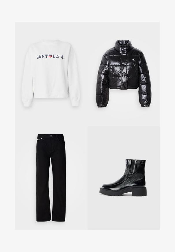 Gekürzte schwarze Steppjacke mit glänzender Oberfläche, hohem Kragen, Frontreißverschluss und Logodetail. Verfügt über übergroße Ärmel und gesteppte Abschnitte.; Weißer Sweatshirt aus Baumwolle mit einem marineblauen Logo "GANT U.S.A." und einem Wappenemblem sowie gerippten Bündchen und Saum.; Schwarze Denim-Hosen mit geradem Bein, fünf Taschen, silbernen Nieten und einem Knopfverschluss. Der Stoff hat eine glatte, leicht strukturierte Oberfläche.; Schwarze Knöchelstiefel mit glänzender Lackleder-Oberfläche, einer kräftigen gummierten schwarzen Sohle und Absatz; mit dezentem Logodetail an der Seite.