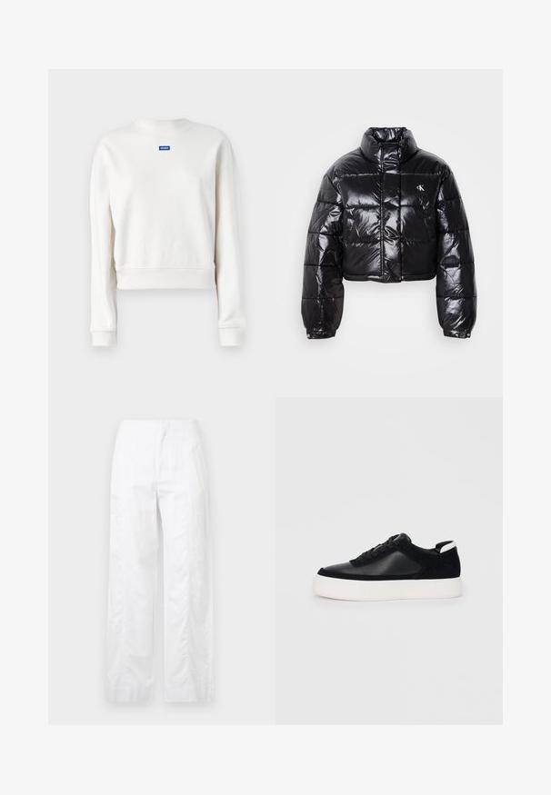 Skraćena crna jakna od puf materijala sa sjajnom završnom obradom, visokim ovratnikom, prednjim patentnim zatvaračem i detaljem s logotipom. Ima ogroman rukav i kviltane dijelove.; Izrezani bijeli dukserica napravljena od mekog materijala s rebrastim ovratnikom i manžetama, koja ima plavi "HUGO" logo na prsima.; Bijele široke hlače od laganog materijala, s glatkom teksturom, čistim linijama i visokim strukom.; Crne tenisice s glatkom kožom i panelima od antilopa, ravne vezice, zaobljenim vrhom i bijelim gumeni potplat. Izraziti logo na peti.