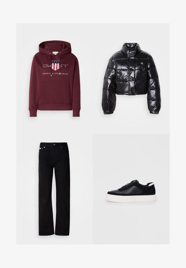 Avklippt svart pufferjacka med glänsande yta, hög krage, framfickor med dragkedja och logodetalj. Har överdimensionerade ärmar och vadderade sektioner.; Bordeaux hoodie tillverkad av mjukt tyg, med en framficka, dragsnören och en logotyp med en sköld och texten "1949" på bröstet.; Svarta denimbyxor med rak passform, fem fickor, silverfärgade nitar och knappstängning. Tyget har en slät, något strukturerad finish.; Svart sneaker med slät läder- och mockapaneler, platta snören, rundad tå och en vit gummisula. Distinkt logotyp på hälen.