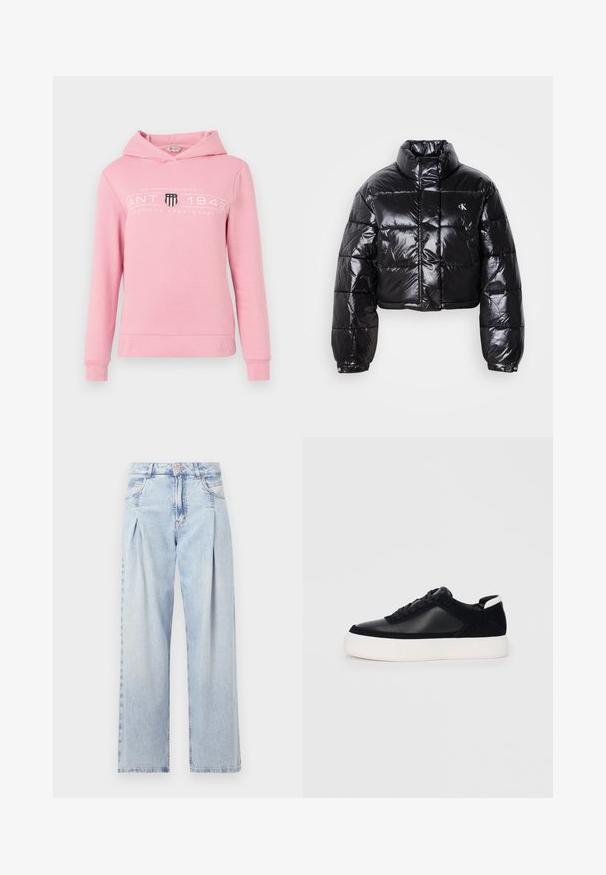 Gekürzte schwarze Steppjacke mit glänzender Oberfläche, hohem Kragen, Frontreißverschluss und Logodetail. Verfügt über übergroße Ärmel und gesteppte Abschnitte.; Rosa Kapuzenpullover aus Baumwollmischung mit einem Frontlogo "GANT 1948" und einem Schilddesign. Lange Ärmel und eine Kordelzugkapuze.; Helle blaue Denim-Jeans mit hoher Taille, weitem Beinschnitt, zwei seitlichen Taschen und gefaltetem Design. Weiche Textur mit einem ausgebleichten Finish.; Schwarze Sneakers mit glattem Leder und Wildleder-Einsätzen, flachen Schnürsenkeln, runder Zehenpartie und einer weißen Gummisohle. Deutliches Logo an der Ferse.