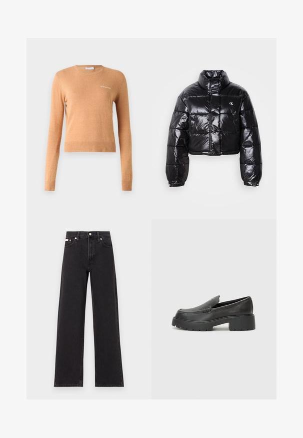 Chaqueta acolchada negra recortada con acabado brillante, cuello alto, cremallera frontal y detalle de logo. Presenta mangas oversize y secciones acolchadas.; Suéter de manga larga en marrón claro, con un dobladillo y puños acanalados, y un pequeño logotipo blanco en el pecho. Textura suave y lisa.; Jeans anchos de mezclilla negros, con cintura alta, cinco bolsillos y cierre de botón metálico con costuras contrastantes.; Mocasines de piel negra con punta redondeada, suela texturizada gruesa y mínimos detalles de costura. Diseño elegante sin cordones o herrajes visibles.