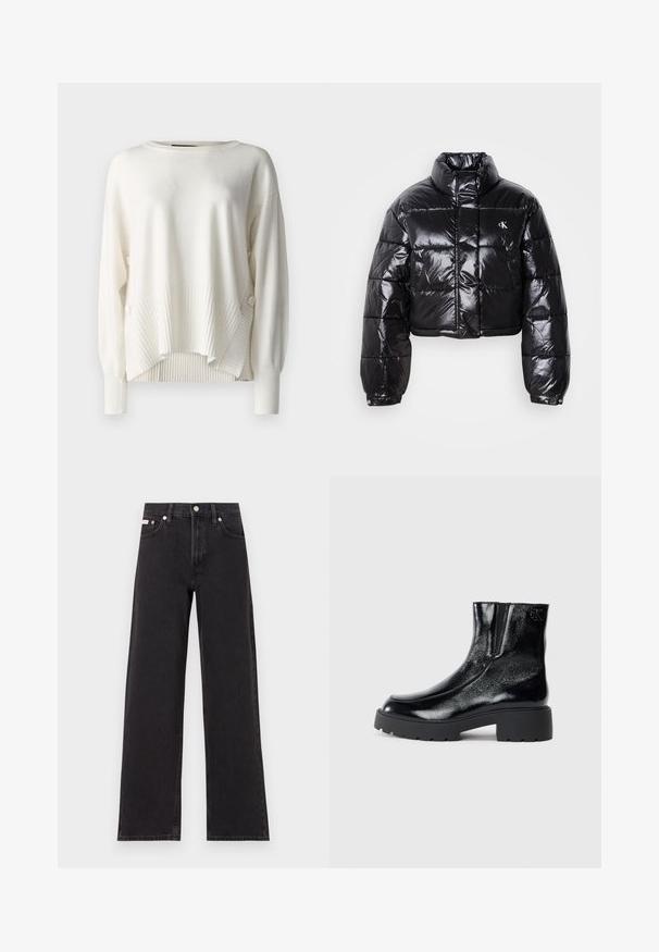 Kort sort vinterjakke med blank finish, høj krave, lynlås foran og logo detalje. Har oversized ærmer og quiltede sektioner.; Hvid sweater med en afslappet pasform, ribbet tekstur i bunden og på ærmerne, samt dekorative knapper på siden. Blødt stof, rund halsudskæring.; Sorte vidde jeans lavet af denim, med høj talje, fem-lomme stil og en metalknap lukning med kontrasterende syninger.; Sorte ankelstøvler med en blank patentlæderfinish, chunky sort gummisål og hævet hæl; inkluderer subtilt logodetalje på siden.