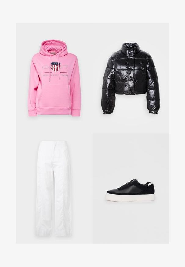 Giacca a vento nera cropped con finitura lucida, colletto alto, zip frontale e dettaglio con logo. Presenta maniche oversized e sezioni trapuntate.; GANT ARCHIVE SHIELD HOODIE - Felpa - candy pink; Pantaloni bianchi a gamba larga realizzati in tessuto leggero, con una texture liscia, linee pulite e un design a vita alta.; Sneaker nera con pannelli in pelle liscia e suede, lacci piatti, punta arrotondata e suola in gomma bianca. Logo distintivo sul tallone.