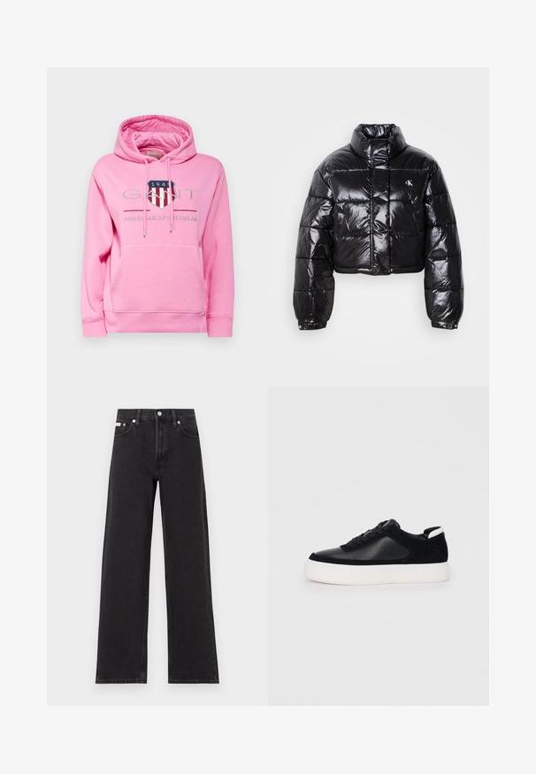 Gekürzte schwarze Steppjacke mit glänzender Oberfläche, hohem Kragen, Frontreißverschluss und Logodetail. Verfügt über übergroße Ärmel und gesteppte Abschnitte.; GANT ARCHIVE SHIELD HOODIE - Sweatshirt - candy pink; Schwarze weit geschnittene Jeans aus Denim mit einem hoch sitzenden Bund, fünf Taschen und einem Metallknopfverschluss mit kontrastierendem Nähte.; Schwarze Sneakers mit glattem Leder und Wildleder-Einsätzen, flachen Schnürsenkeln, runder Zehenpartie und einer weißen Gummisohle. Deutliches Logo an der Ferse.
