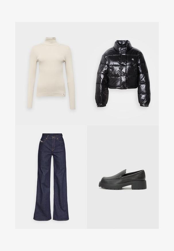 Cropped black puffer jacket with glossy finish, high collar, front zipper, and logo detail. Features oversized sleeves and quilted sections.; Beige ribbed turtleneck sweater with long sleeves, slim fit, and a small branded tag at the lower left. Soft texture, clean design.; Dark blue wide-leg jeans in denim fabric with a high waist, featuring orange stitching, five-pocket design, and a button closure.; Black leather loafers with a rounded toe, thick textured sole, and minimal stitching details. Sleek design with no visible laces or hardware.