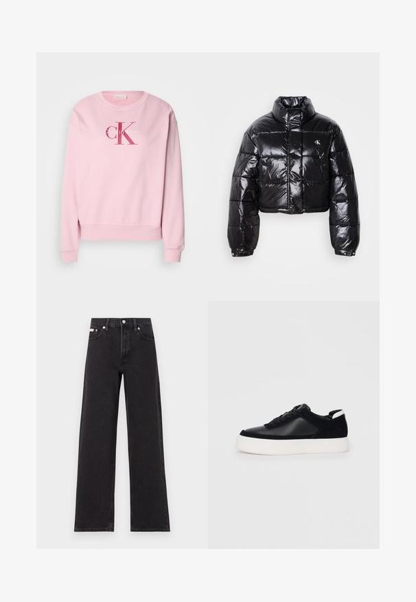 Jachetă puffer neagră scurtă cu finisaj lucios, guler înalt, fermoar frontal și detaliu cu logo. Are mâneci supradimensionate și secțiuni quilted.; Hanorac roz cu guler rotund, mâneci lungi și un logo frontal cu textul "Calvin Klein" și "cK" în culori contrastante.; Jeanși negri cu picioare largi, fabricați din denim, cu talie înaltă, stil cu cinci buzunare și închidere cu nasture metalic, cu cusături contrastante.; Sneaker negru cu piele netedă și panouri din întăritură, șireturi plate, vârf rotund și talpă din cauciuc alb. Logo distinct pe călcâi.