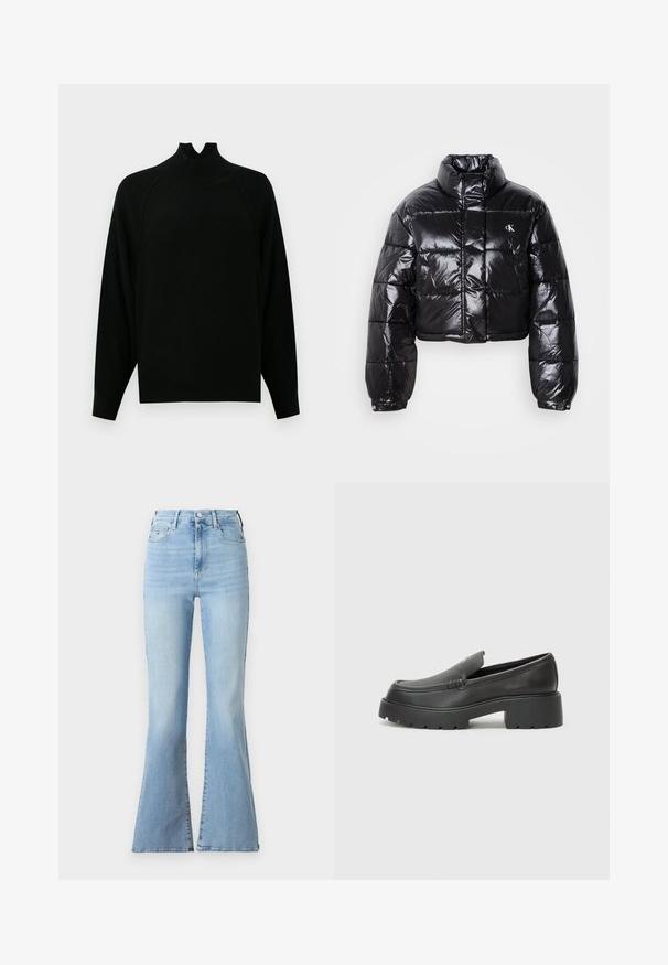 Lyhennetty musta puffatakki, jossa on kiiltävä pinta, korkea kaulus, etuvetoketju ja logoyksityiskohta. Ominaisuuksiin kuuluvat yli-inhottavat hihat ja tikatut osat.; Musta mock neck -neule, jossa on pitkät hihat, ribatta pinta ja rento istuvuus. Ominaisuutena ainutlaatuinen aukko-ommel kaula-aukossa.; Vaaleansiniset leveälahkeiset farkut korkea vyötärö, denimsatiini, haalistunut pinta ja klassinen 5-taskumuotoilu. Varustettu nappi- ja vetoketjukiinnityksellä.; Musta nahkakengät, joissa on pyöristetty kärki, paksu teksturoitu pohja ja vähäiset ompeluyksityiskohdat. Tyylikäs muotoilu, jossa ei ole näkyviä nauhoja tai metalliosia.