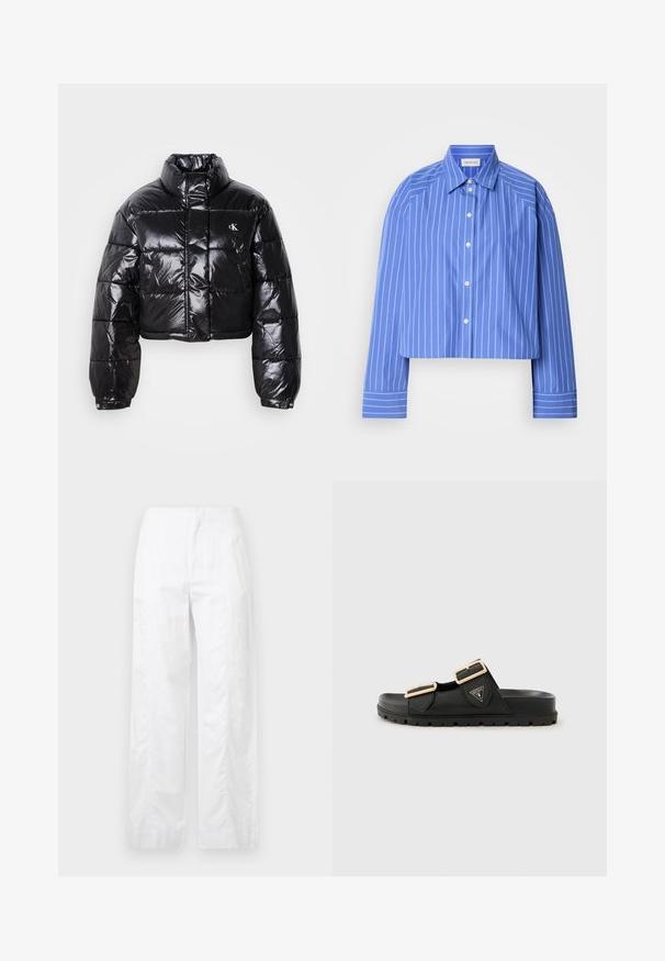 Skrajšana črna pufasta jakna z sijajno površino, visokim ovratnikom, sprednjim zadrgo in detajlom logotipa. Ima prevelike rokave in kviltane dele.; Kratka modra srajca z navpičnimi belimi črtami, klasičnim ovratnikom, dolgimi rokavi in sprednjim gumbom; izdelana iz gladkega, lahkega materiala.; Bela široka hlače iz lahkega materiala, ki se ponašajo z gladko teksturo, čistimi linijami in visokim pasom.; Črne drsne sandalke z dvema nastavljivima trakoma, zlatimi zaponkami, teksturiranim gumijastim zgornjim delom in debelim teksturiranim podplatom. Logotip je prikazan na strani.