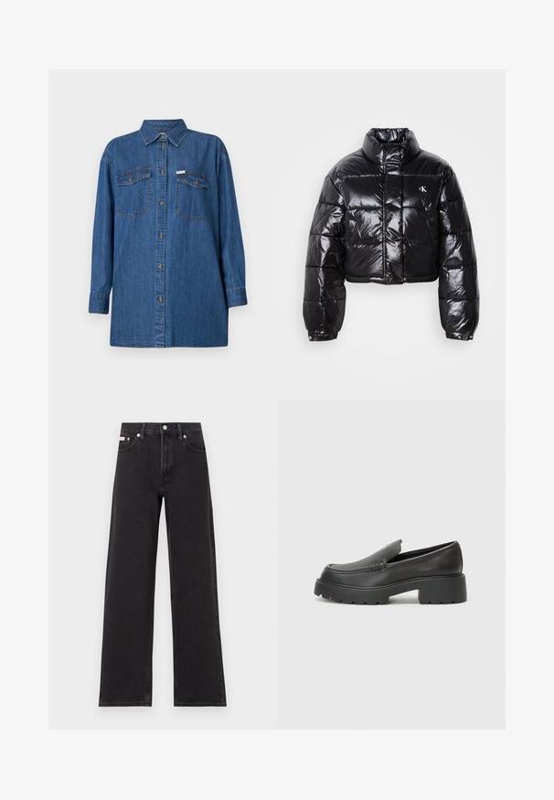 Skrajšana črna pufasta jakna z sijajno površino, visokim ovratnikom, sprednjim zadrgo in detajlom logotipa. Ima prevelike rokave in kviltane dele.; Denim srajca, dolgi rokavi, svetlo modra, dve prsni žepu, zapenjanje na gumb, klasičen ovratnik, teksturirana tkanina, sproščen kroj.; Črne široke jeans hlače iz denima, s poudarjenim pasom, petimi žepi in kovinskim gumbom za zapiranje ter kontrastnim šivanjem.; Črne usnjene loafers čevlje z zaobljenim nosom, debelim teksturiranim podplatom in minimalnimi šivi. Elegantna zasnova brez vidnih vezalk ali kovinskih delov.