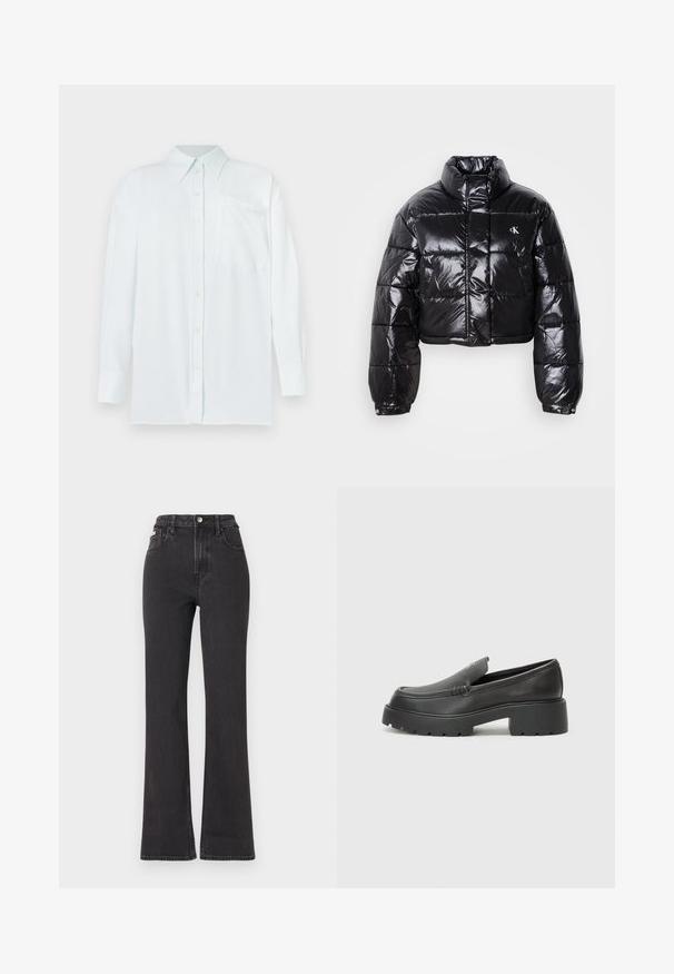Geknipt zwart pufferjack met glanzende afwerking, hoge kraag, ritssluiting aan de voorkant en logodetail. Beschikt over oversized mouwen en gestikte delen.; Lichtblauw button-up shirt met een kraag, lange mouwen en een borstzak. De stof lijkt glad met een subtiele textuur en heeft gele knopen.; Zwarte hoge taille flared jeans van denim, met een knoopsluiting, riemlussen en zijzakken. Gladde textuur met minimale vervaging.; Zwarte leren instappers met een ronde neus, dikke getextureerde zool en minimale stikseldetails. Strak ontwerp zonder zichtbare veters of hardware.