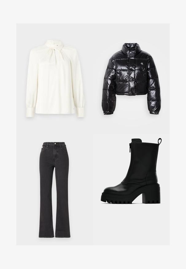 Kuttet svart dunjakke med glatt finish, høy krage, frontlås og logo-detalj. Den har overdimensjonerte ermer og quiltede seksjoner.; Langermet bluse med høy hals i kremfarge, laget av glatt stoff. Har en rynket detalj ved halsen og puffede ermer.; Svarte høyt midje, utsvingte jeans laget av denim, med knappelukking, beltehemper og sidelommer. Glatt tekstur med minimal falming.; Sorte lær ankelsko med kraftig såle, blokkhæl, sidelukking med glidelås og trekketap bak på ensfarget hvit bakgrunn.