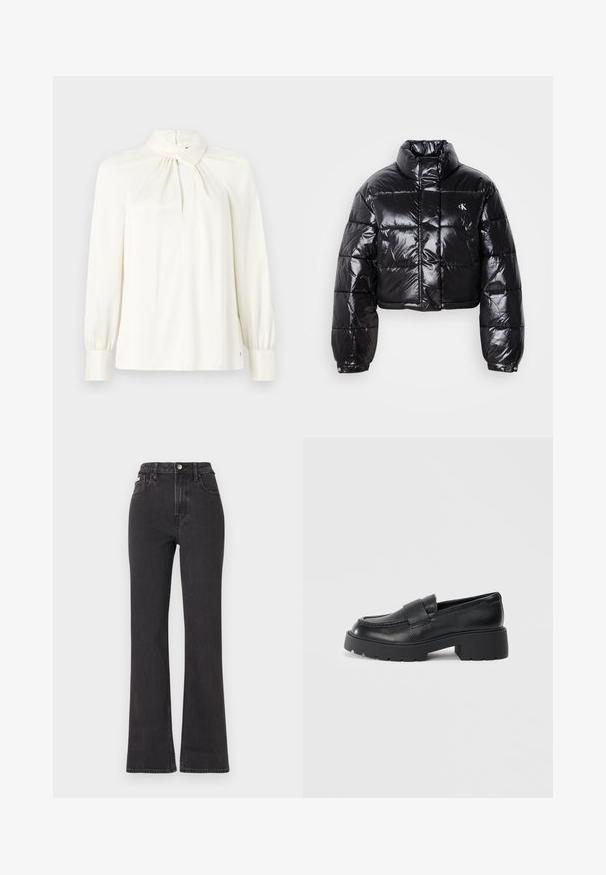Cropped black puffer jacket with glossy finish, high collar, front zipper, and logo detail. Features oversized sleeves and quilted sections.; Long-sleeve, high-neck blouse in cream, made of smooth fabric. Features a gathered detail at the neckline and puffed sleeves.; Black high-waisted flared jeans made of denim, featuring a button closure, belt loops, and side pockets. Smooth texture with minimal fading.; Black leather loafers with a textured finish, featuring a rectangular strap across the vamp and a chunky, lug sole design.