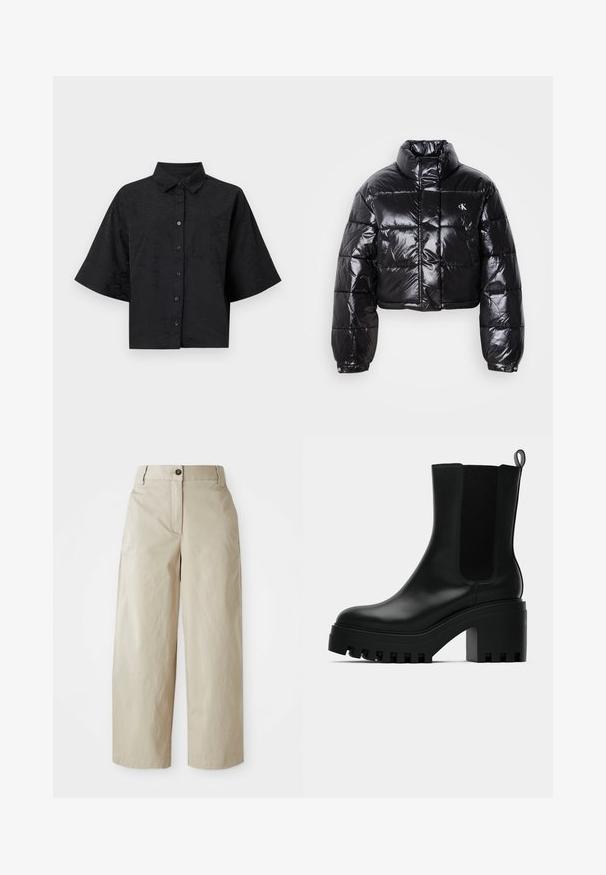 Izgriezta melna pūkainā jaka ar spīdīgu apdari, augstu apkakli, priekšējiem rāvējslēdzējiem un logotipa detaļām. Iezīmējas ar pārspīlētiem piedurknēm un quilted sekcijām.; Melna īsā krekla ar apkakli, īsām piedurknēm, pogu aizdari un smalku viļņu tekstūru. Satur vienu krūšu kabatu.; Beige augstas jostās vaļīgas bikses ar pogu un rāvējslēdzēja aizdari, jostas cilpām un sānu kabatām, attēlotas uz baltas fona.; Melna ādas potītes zābaks ar apaļu purngalu, masīvu platformas zoli un sietiņa sānu akcentiem. Iekļauts vilkšanas cilpiņa ērtai uzvilkšanai.