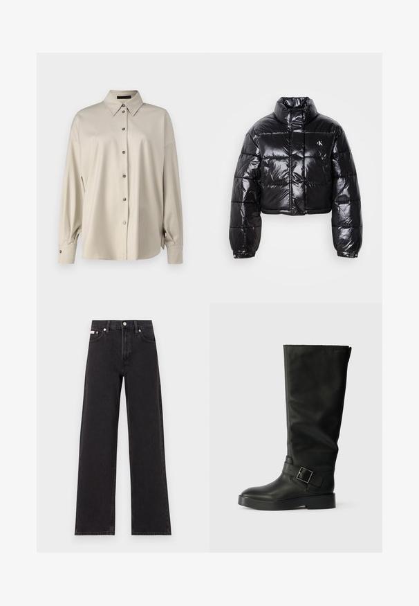 Cropped black puffer jacket with glossy finish, high collar, front zipper, and logo detail. Features oversized sleeves and quilted sections.; DRYKORN LYSILA - Button-down blouse - brown; Black wide-leg jeans made of denim, featuring a high-rise waist, five-pocket styling, and a metal button closure with contrasting stitching.; Black knee-high boots made of smooth leather, featuring a rounded toe, a thick sole, and a horizontal strap with a rectangular buckle detail.