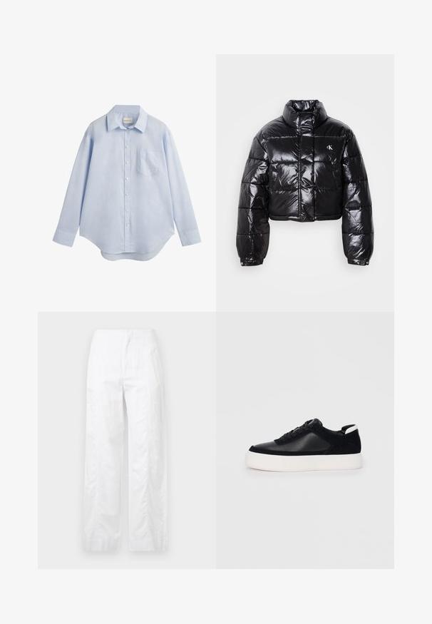 Gekürzte schwarze Steppjacke mit glänzender Oberfläche, hohem Kragen, Frontreißverschluss und Logodetail. Verfügt über übergroße Ärmel und gesteppte Abschnitte.; Hellblaues Langarm-Hemd aus Baumwolle mit klassischem Kragen, einer einzelnen Brusttasche und abgerundetem Saum.; Weiße, weit geschnittene Hosen aus leichtem Stoff, mit glatter Textur, klaren Linien und einem Hochbund-Design.; Schwarze Sneakers mit glattem Leder und Wildleder-Einsätzen, flachen Schnürsenkeln, runder Zehenpartie und einer weißen Gummisohle. Deutliches Logo an der Ferse.