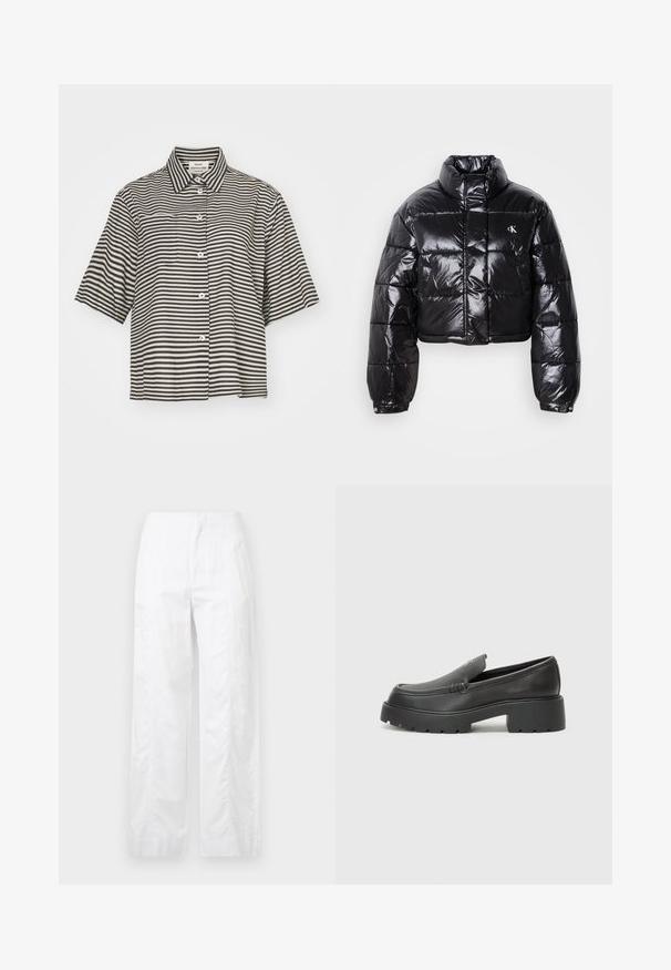 Izgriezta melna pūkainā jaka ar spīdīgu apdari, augstu apkakli, priekšējiem rāvējslēdzējiem un logotipa detaļām. Iezīmējas ar pārspīlētiem piedurknēm un quilted sekcijām.; Mads Nørgaard COLIN LORELLA - Pogājama blūze - black; Baltas, plaša kāju bikses, izgatavotas no viegla auduma, ar gludu tekstūru, tīrām līnijām un augstu jostasvietu.; Melnas ādas mokasīni ar noapaļotu purngalu, biezs teksturēts zoles un minimālas dūriena detaļas. Gluds dizains bez redzamām auklām vai metāla elementiem.