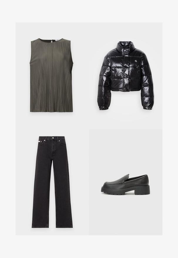 Skraćena crna jakna od puf materijala sa sjajnom završnom obradom, visokim ovratnikom, prednjim patentnim zatvaračem i detaljem s logotipom. Ima ogroman rukav i kviltane dijelove.; Top bez rukava u tamno maslinastoj boji s okomitim naborima, okruglim izrezom i detaljem na stražnjem dijelu u obliku ključa. Glatka tekstura i lepršavi dizajn.; Crne široke traperice od denima, s visokim strukom, pet džepova i metalnim zatvaranjem s kontrastnim šavovima.; Crne kožne loaferice s zaobljenim vrhom, debelim teksturiranim potplatom i minimalnim detaljima šivanja. Elegantna izrada bez vidljivih vezica ili metalnih elemenata.