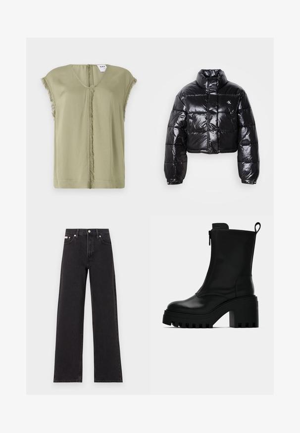 Zkrátená čierna prešívaná bunda s lesklým povrchom, vysokým golierom, predným zipsom a detailom loga. Obsahuje nadrozšírené rukávy a prešívané časti.; Olivovo zelený top s výstrihom do V, krátkymi rukávmi a rozstrapkanými okrajmi uprostred. Vyrobený z mäkkej tkaniny s voľným strihom.; Čierne široké džínsy vyrobené z denimu, s vysokým pásom, piatimi vreckami a kovovým zapínaním s kontrastným šitím.; Čierne kožené členkové čižmy s robustnou podrážkou, blokovým podpätkom, bočným zipsom a pútkom na zadnej strane na jednoduchom bielom pozadí.