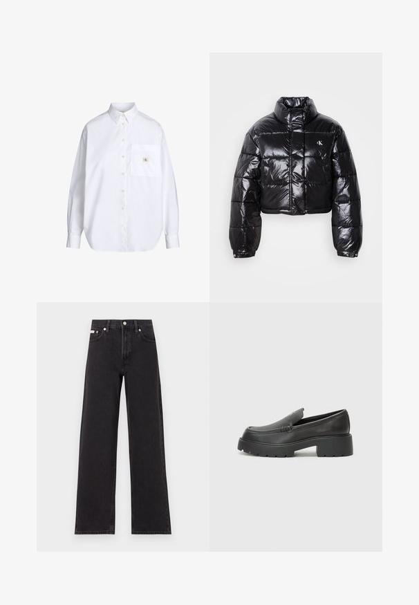 Trumpas juodas pūkinis paltas su blizgiu paviršiumi, aukšta apykakle, priekiniais užtrauktukais ir logotipo detalėmis. Yra plačios rankovės ir siuvinėtos dalys.; Balta marškinių su užsegimu priekyje, klasikinio apykaklės, ilgomis rankovėmis, su priekinėmis kišenėmis ir nedideliu CK logotipo ženkliuku ant kišenės. Lygus medvilnės audinys.; Juodos plačios kojų džinsai, pagaminti iš džinsinio audinio, su aukštu liemeniu, penkių kišenių stiliumi ir metaline sagte su kontrastingo siuvimo detalėmis.; Juodi odiniai loaferiai su apvaliu pirštu, storu tekstūruotu padu ir minimaliu siūlių dekoru. Išskirtinis dizainas be matomų raištelių ar furnitūros.
