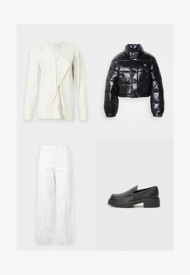 Fekete, fényes felületű, vágott pufi dzseki, magas gallérral, elülső cipzárral és logó részlettel. Tágas ujjakkal és steppelt részekkel rendelkezik.; Fehér, hosszú ujjú blúz V-nyakkal, lágyan redőzött előrésszel és illeszkedő ujjakkal. Simább anyag, enyhe fényű, testre szabott kialakítás.; Fehér, széles szárú nadrág könnyű anyagból, sima textúrával, letisztult vonalakkal és magasderék kialakítással.; Fekete bőr loafer cipők kerek orral, vastag, texturált talppal és minimális varrási részletekkel. Áramvonalas dizájn, látható fűzők vagy fém részek nélkül.