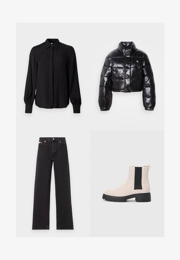 Lühendatud must puffer-jakk läikiva viimistlusega, kõrge krae, eeslukuga ja logodetailiga. Omab üleöö suuruseid varrukaid ja tikitud sektsioone.; Must elastne must särk pika varrukaga, sileda riide, vertikaalsete triipudega, krae, nupuga esiosa ja kogutud mansettidega.; Mustad laiad mustad teksad, millel on kõrge vöökoht, viie tasku stiil ja metallist nööpkinnitus kontrastsete õmblustega.; Beez suède Chelsea saapad mustade venituspaneelidega, turske musta põhjaga ja käepidemega pahkluul.