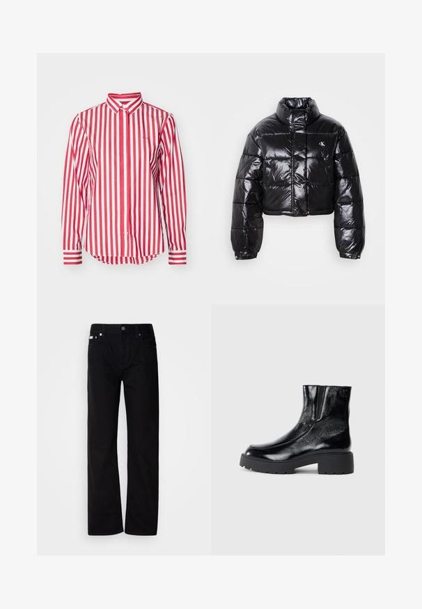Geknipt zwart pufferjack met glanzende afwerking, hoge kraag, ritssluiting aan de voorkant en logodetail. Beschikt over oversized mouwen en gestikte delen.; Rood-wit gestreepte lange mouwshirt met een knoopsluiting aan de voorkant, kraag en contrasterende gestreepte manchetten; lichtgewicht katoen.; Zwarte denim rechte broek met vijf zakken, zilveren klinknagels en een knoopsluiting. De stof heeft een gladde, licht gestructureerde afwerking.; Zwarte enkellaarsjes met een glanzende lakleren afwerking, chunky zwarte rubberen zool en verhoogde hak; inclusief subtiele logo-detail aan de zijkant.