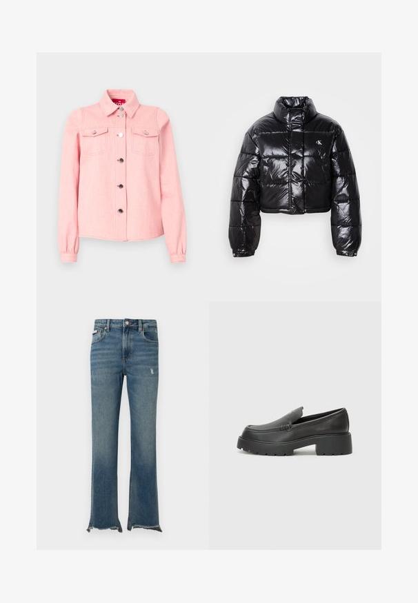 Skrajšana črna pufasta jakna z sijajno površino, visokim ovratnikom, sprednjim zadrgo in detajlom logotipa. Ima prevelike rokave in kviltane dele.; Svetlo roza jeans jakna z dolgimi rokavi, koničastim ovratnikom, dvema žepoma na prsih in srebrnimi gumbi na sprednji strani. Mehka tekstura.; Modre jeans hlače iz jeansa s rahlo obrabo, neobdelanimi zaključki, sprednjimi žepi, zankami za pas in gumbno zapiranjem.; Črne usnjene loafers čevlje z zaobljenim nosom, debelim teksturiranim podplatom in minimalnimi šivi. Elegantna zasnova brez vidnih vezalk ali kovinskih delov.