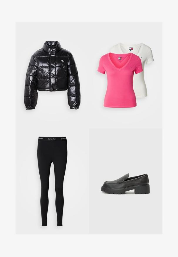 Casaco puffer preto cropped com acabamento brilhante, gola alta, fecho éclair à frente e detalhe de logótipos. Apresenta mangas oversized e secções acolchoadas.; Conjunto de duas T-shirts: uma rosa, uma branca. Design em forma de V, mangas curtas, feitas de algodão suave. Com um pequeno logotipo no peito.; Leggings ajustados para homem da Calvin Klein, na cor preta, com uma cinta elástica com a marca, pernas de comprimento total e textura de tecido suave.; Mocassins de couro preto com bico arredondado, sola espessa e texturizada, e detalhes de costura minimalistas. Design elegante sem atacadores ou ferragens visíveis.