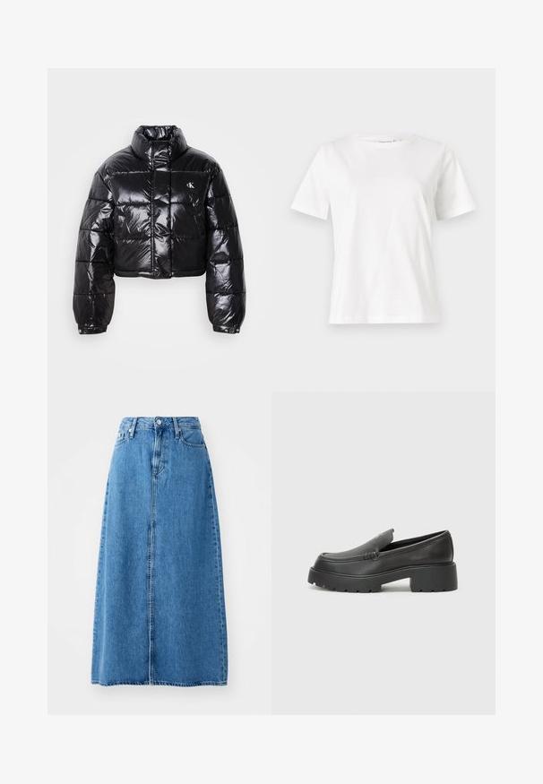 Jachetă puffer neagră scurtă cu finisaj lucios, guler înalt, fermoar frontal și detaliu cu logo. Are mâneci supradimensionate și secțiuni quilted.; Tricou alb din bumbac cu mâneci scurte, guler rotund și o croială relaxată. Textură netedă, fără imprimeuri sau accente, design minimalist.; Fustă maxi din denim albastru cu închidere frontală cu nasturi, două buzunare și un design drept cu margine brută. Clasică și versatilă.; Mocasini din piele neagră, cu vârf rotunjit, talpă groasă texturată și detalii minimale de cusătură. Design elegant, fără șireturi sau accesorii vizibile.