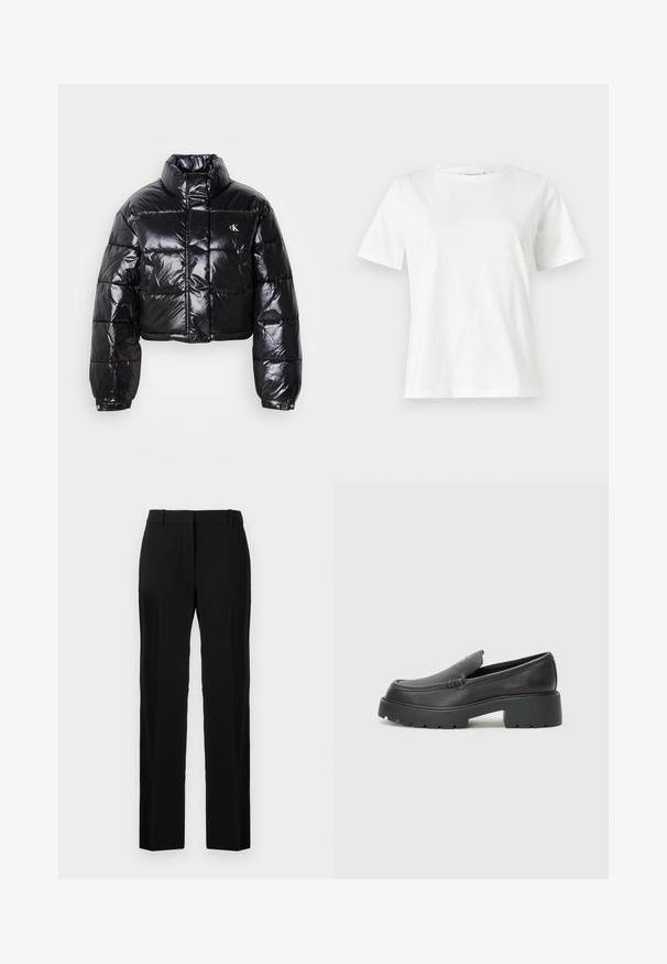 Veste doudoune noire coupée avec finition brillante, col haut, fermeture éclair à l'avant et détail de logo. Présente des manches surdimensionnées et des sections matelassées.; T-shirt en coton blanc à manches courtes, col rond et coupe décontractée. Texture lisse, sans motifs ni accents, design minimaliste.; Pantalon noir au design droit, fabriqué en tissu lisse, avec une taille plate, des passants de ceinture, et sans motifs ni accents visibles.; Mocassins en cuir noir avec un bout arrondi, une semelle épaisse et texturée, et des détails de couture minimalistes. Design épuré sans lacets ni métal visibles.