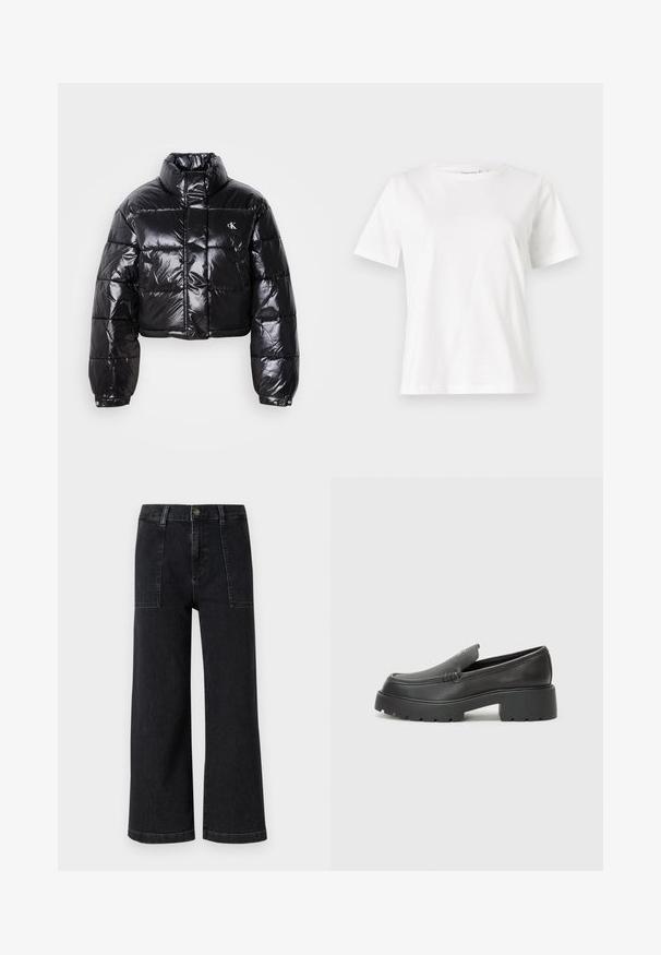 Avklippt svart pufferjacka med glänsande yta, hög krage, framfickor med dragkedja och logodetalj. Har överdimensionerade ärmar och vadderade sektioner.; Vit bomullströja med korta ärmar, rund halsringning och en avslappnad passform. Slät textur, inga mönster eller detaljer, minimalistisk design.; Svarta vida jeans i denimtyg, med hög midja, framfickor och knappstängning. Rent snitt och inga synliga mönster.; Svarta läderloafers med rund tå, tjockt strukturerat såle och minimala sömnadsdetaljer. Snygg design utan synliga snören eller beslag.
