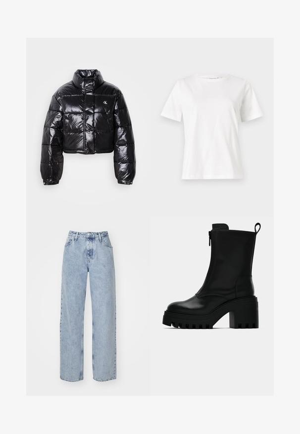 Chaqueta acolchada negra recortada con acabado brillante, cuello alto, cremallera frontal y detalle de logo. Presenta mangas oversize y secciones acolchadas.; Camiseta de algodón blanca de manga corta, con cuello redondo y un corte relajado. Textura suave, sin patrones ni acentos, diseño minimalista.; Vaqueros de denim de corte ancho y color azul claro. Presentan una cintura alta, cinco bolsillos y un cierre de botones y cremallera. Superficie texturizada, con un desgaste mínimo.; Botín negro de cuero hasta el tobillo con suela de goma gruesa, tacón cuadrado, cremallera lateral y tirador en la parte posterior sobre un fondo blanco liso.